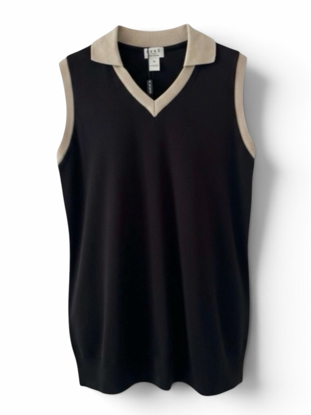 Como Sport Black with Tan Trim Sleeveless V-Neck Knit Polo Top Size Small